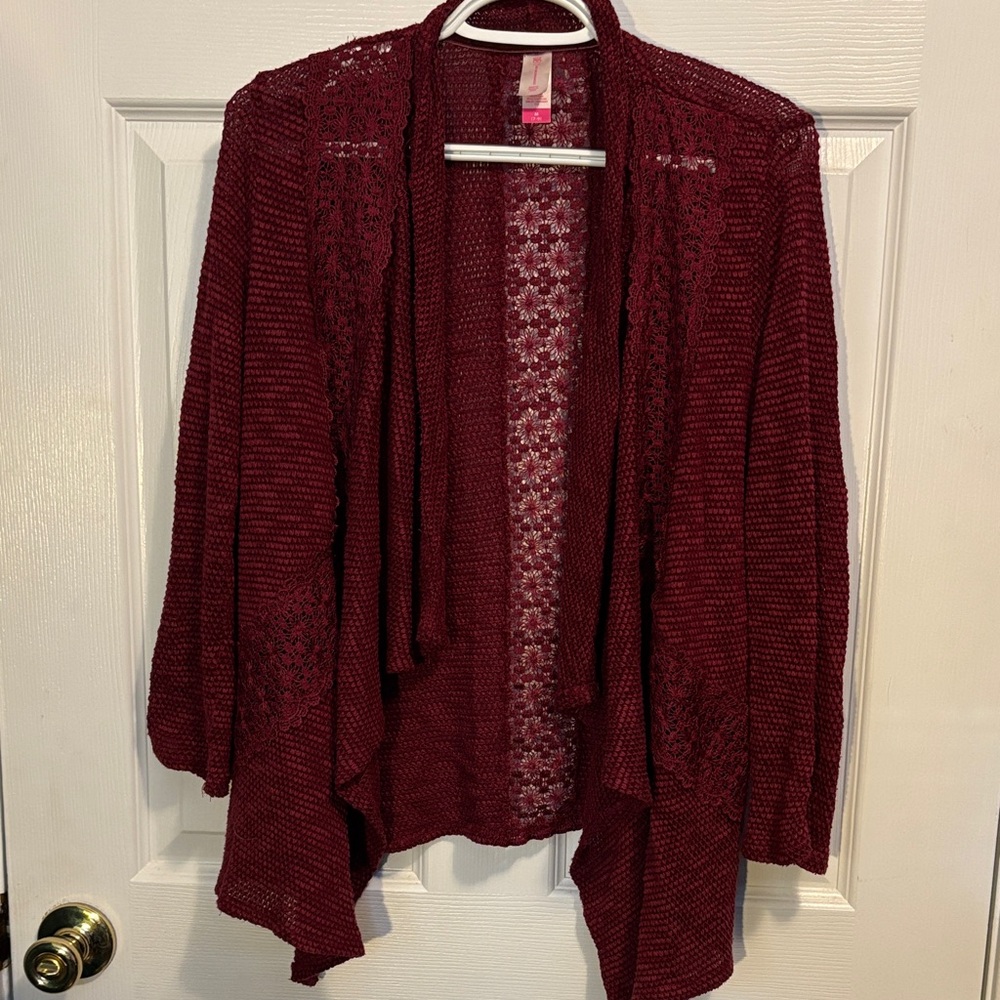 Xhilaration Maroon Open-Front Lace Cardigan. Size Medium.